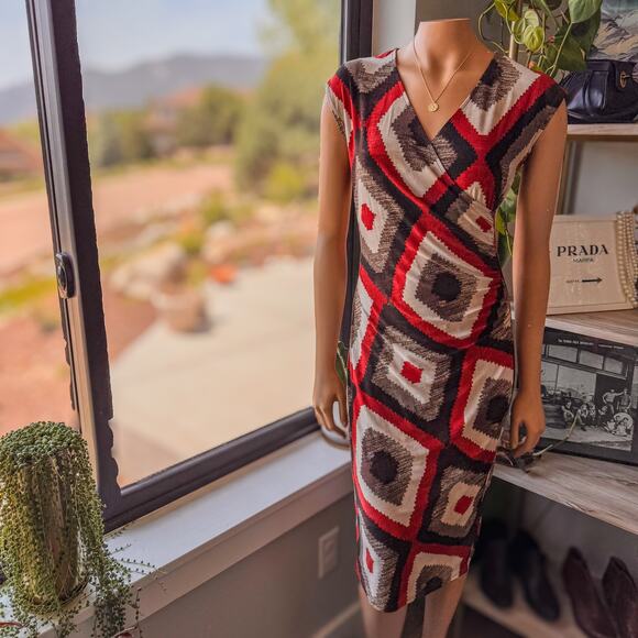 Ralph Lauren Faux Wrap Fitted Geometric Patterned Midi Dress, Women’s Size Small - Picture 4 of 9